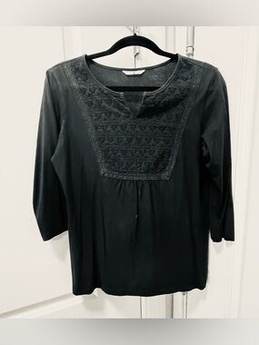 Black Women's Embroidered Yoke Top - Classic Scoop Neck. Denim Jeans & Casuals!